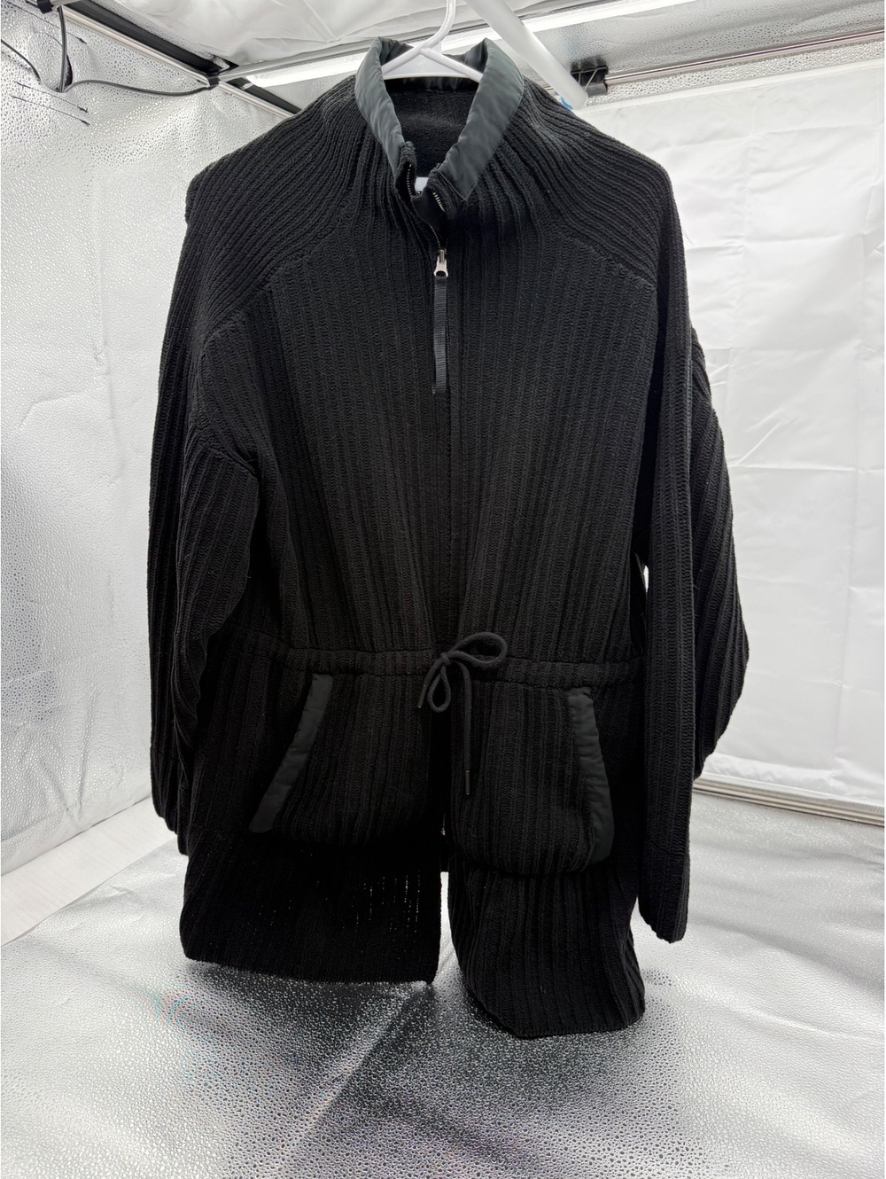 Black Ribbed Knit Full Zip Cardigan with Drawstring Waist and Pockets